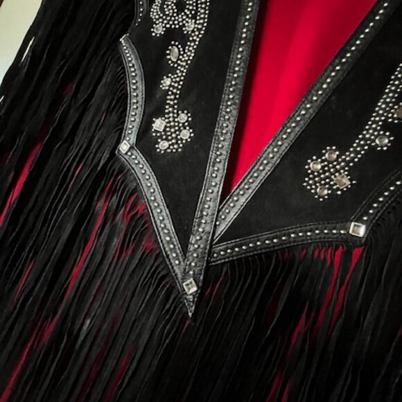 Western Black Leather Shawl with Fringe, Silver Studding and Clear Rhinestones - Picture 9 of 15